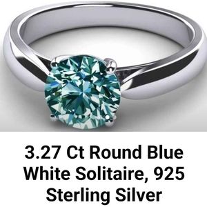 3.27 Ct Round Blue White Solitaire, 925 Sterling Silver